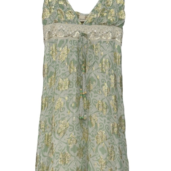Siya Green Gold Floral Boho Maxi Dress High-Low Sundress Size M - Picture 3 of 14